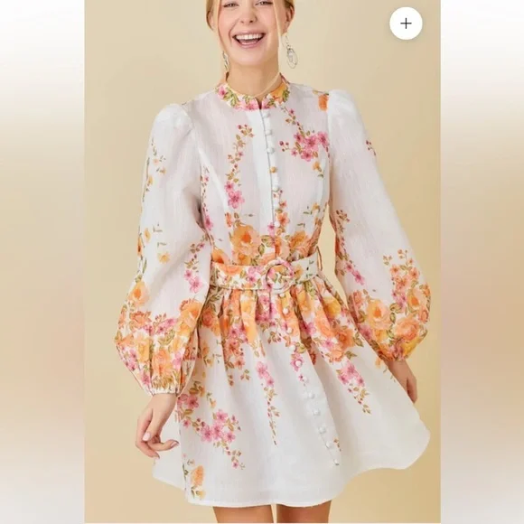 Mainstrip Amy Floral Print Dress Long Sleeve Holiday Mini White Medium No Belt - Picture 4 of 15